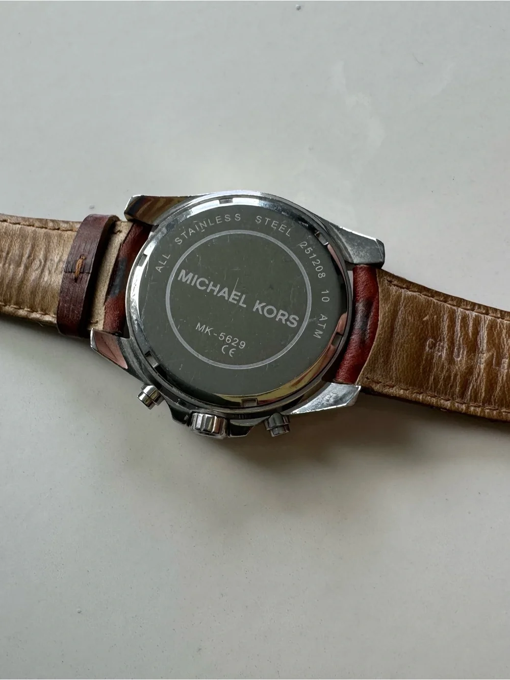Michael Kors Two-Tone Silver and Gold Chronograph Watch with Brown Leather Strap